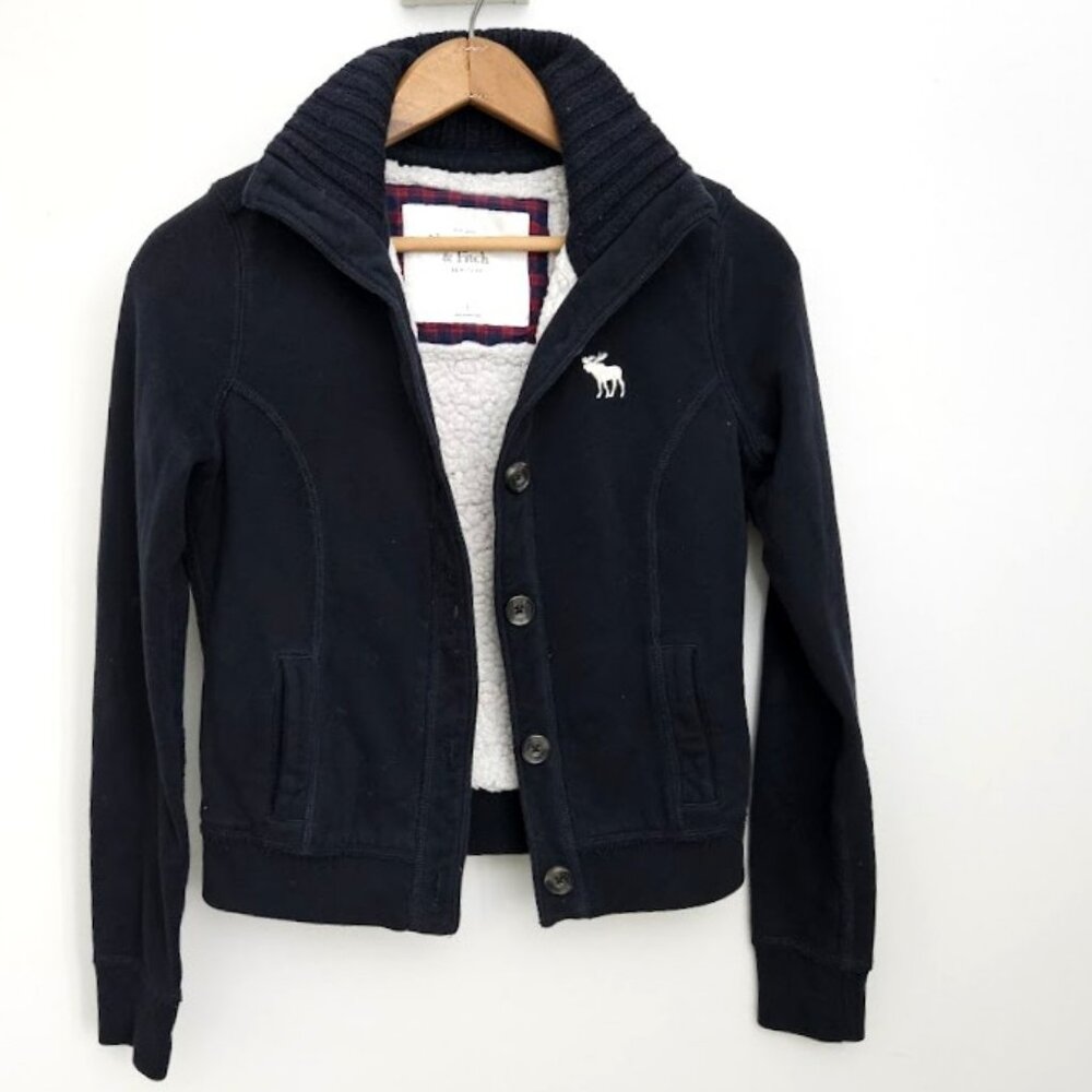 Abercrombie & Fitch Navy Blue Sherpa Lined Button Up Sweatshirt Jacket Small